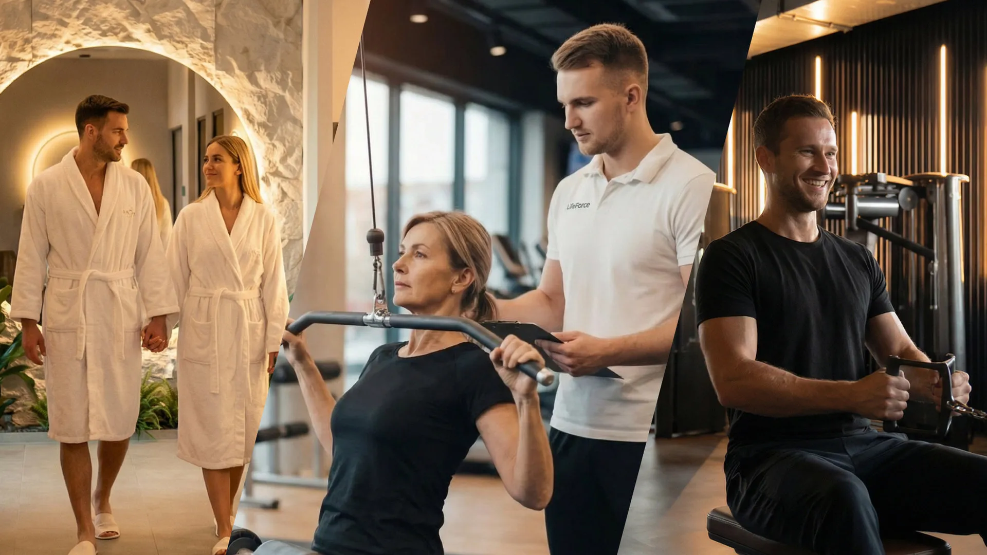 Trainer berät ein Mitglied an einem Trainingsgerät