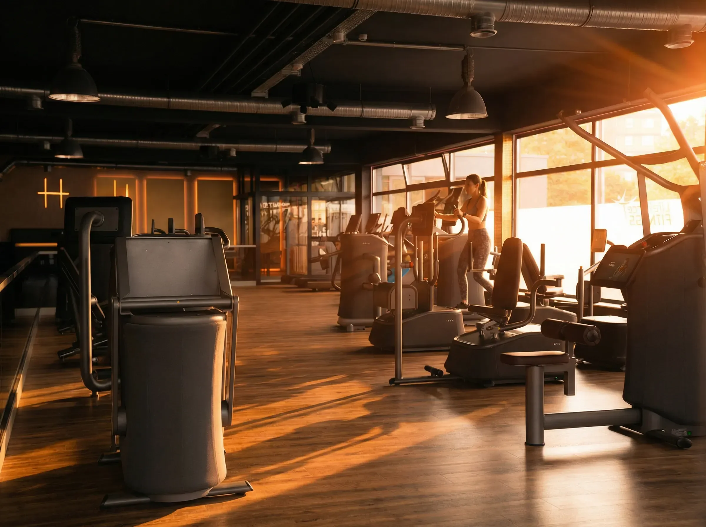 Trainingsfläche des LifeForce Fitnessstudios im warmen Abendlicht