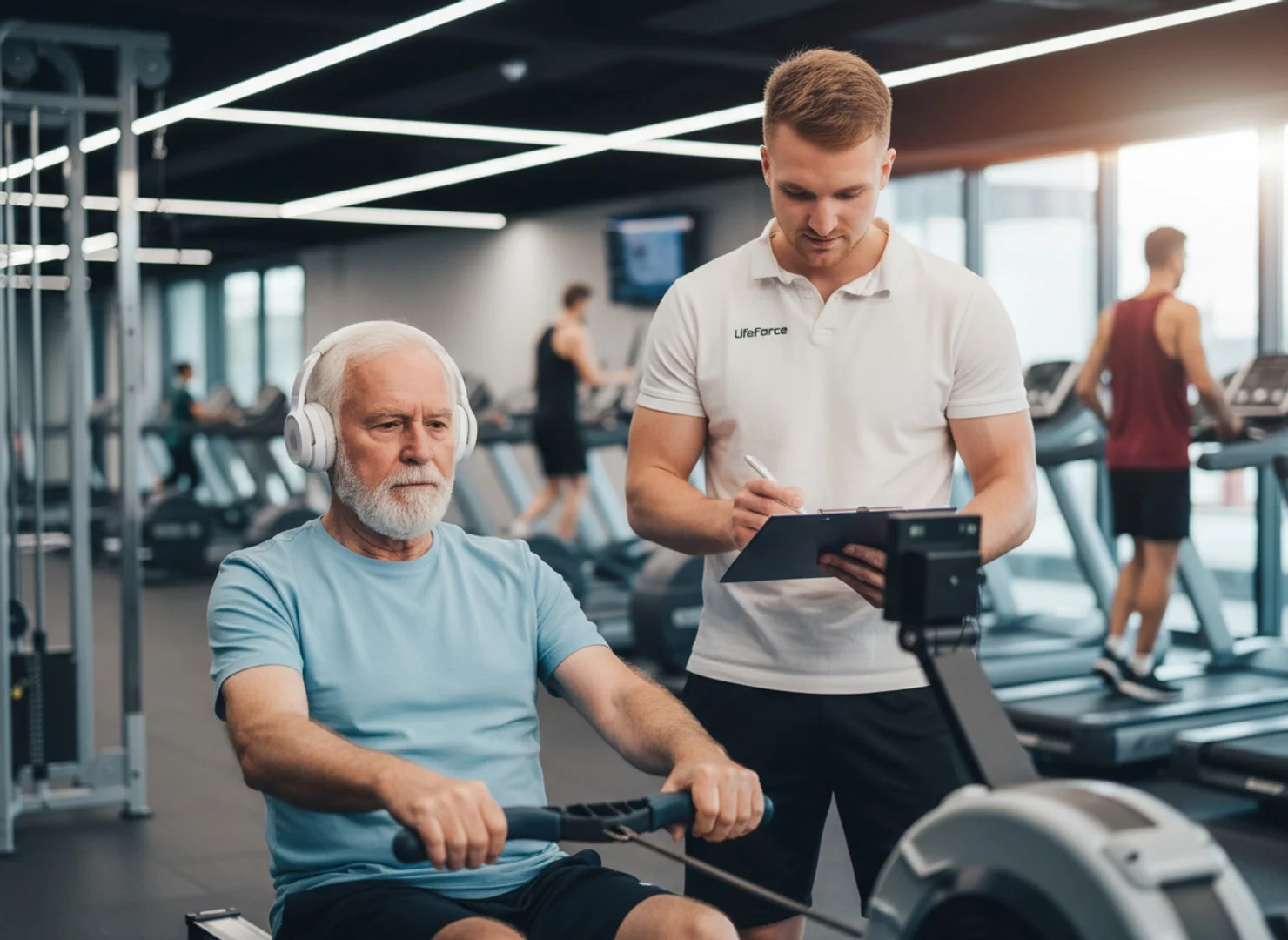 Ein älterer Mann trainiert auf einem Rudergerät, während ein Mitarbeiter von LifeForce Fitness daneben steht, Notizen auf einem Klemmbrett macht und das Training betreut.