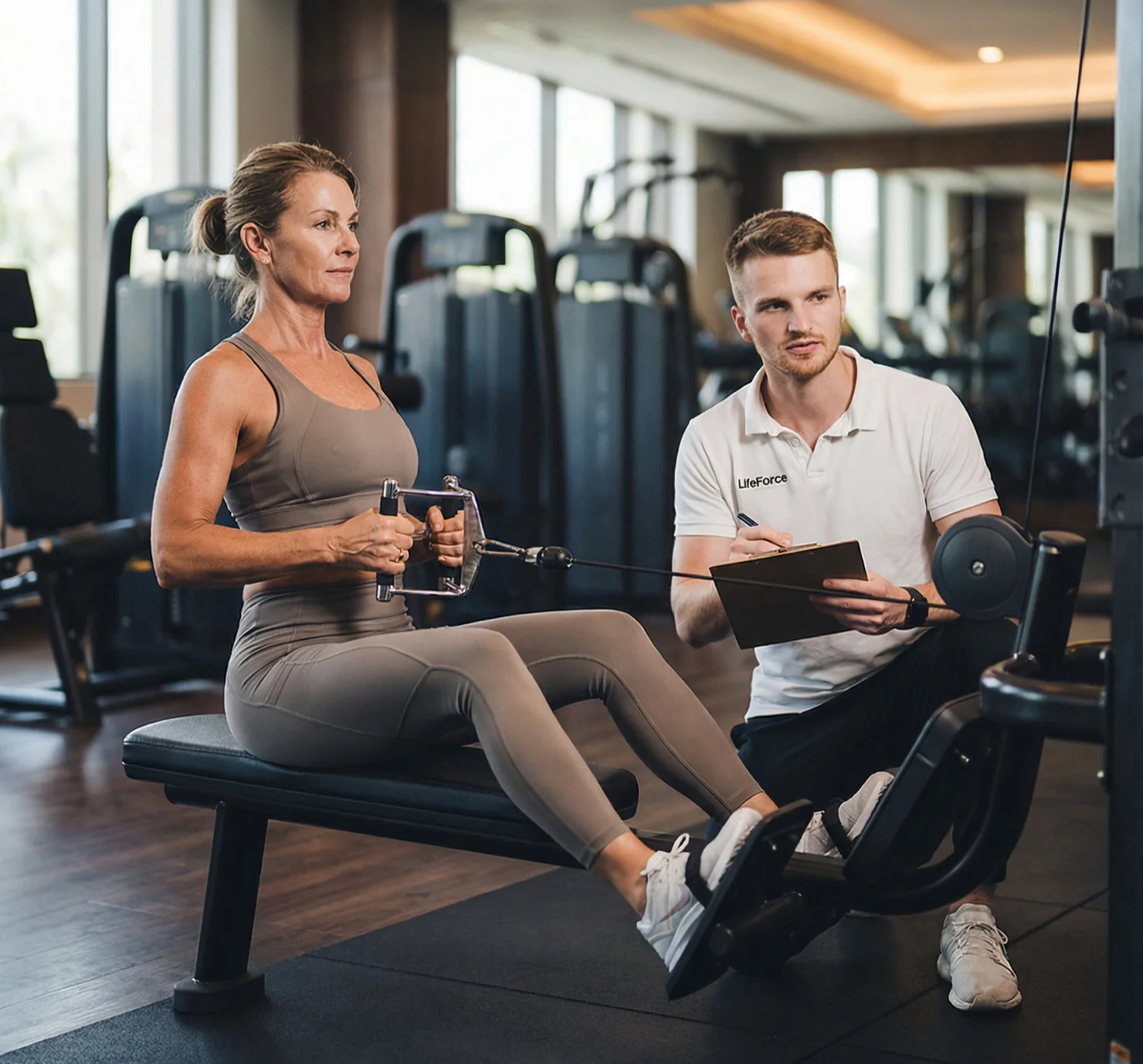 Ein LifeForce-Mitarbeiter betreut eine Kundin beim Orthopädischen Rückentraining 