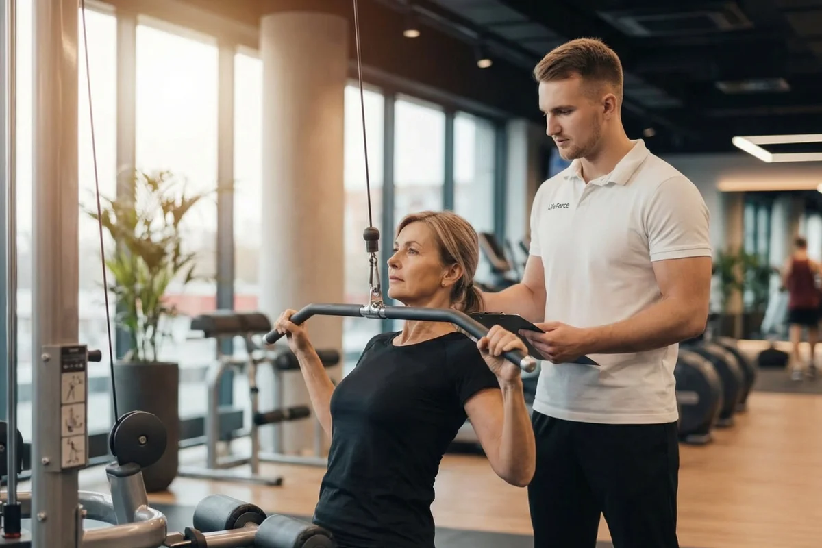Ein LifeForce-Mitarbeiter betreut eine Kundin beim Orthopädischen Rückentraining am Kabelturm.
