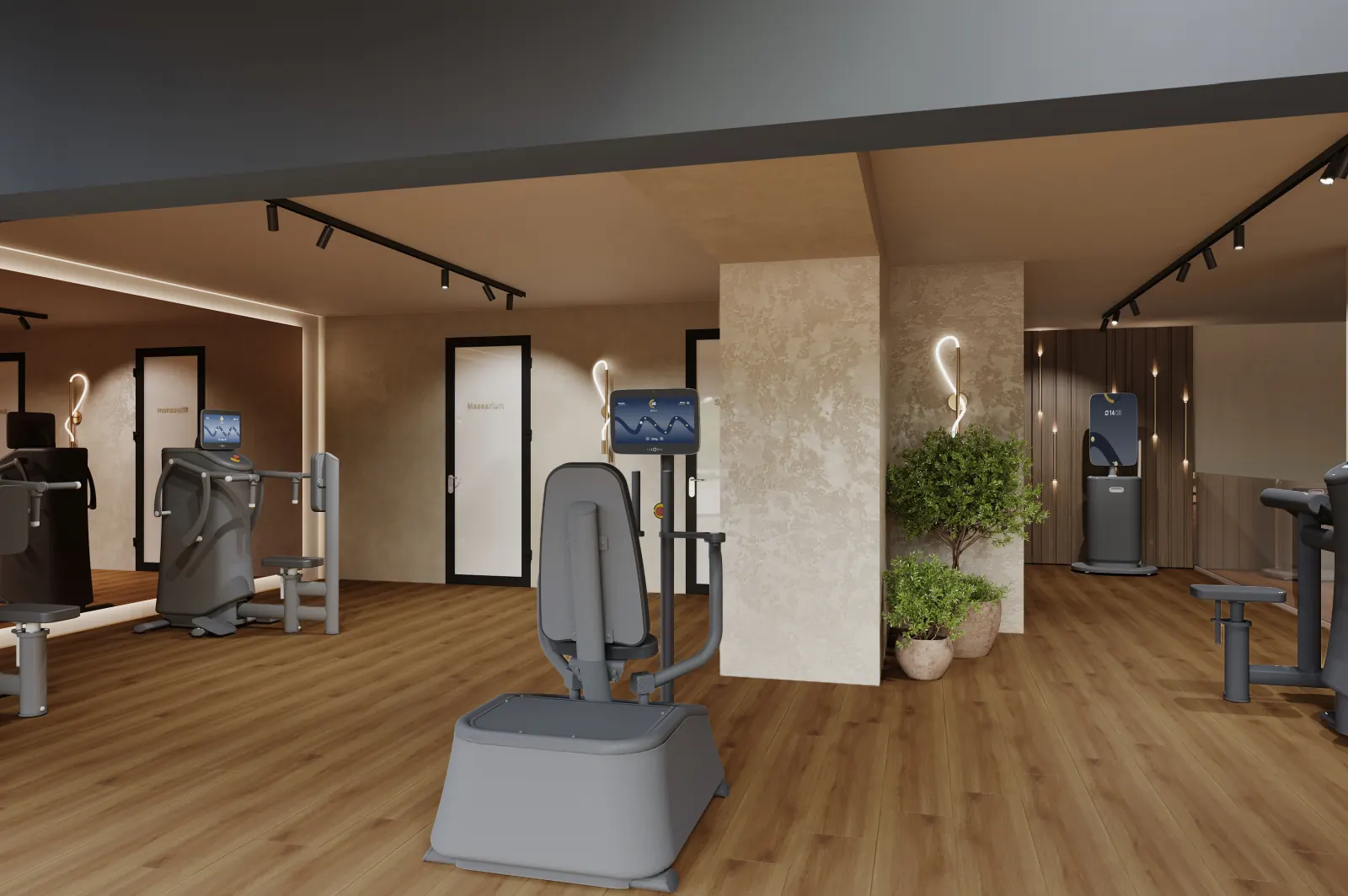 Visualisierung des eGym-Zirkels mit Geräten und Touchscreens in Rot am See