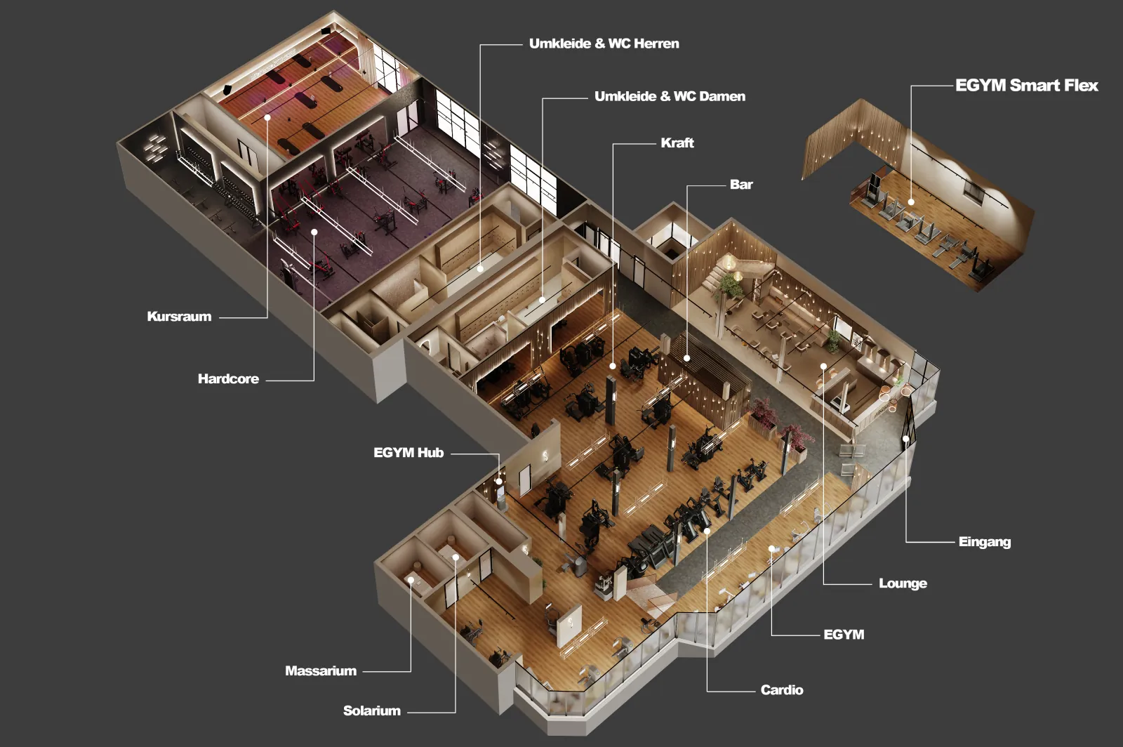 Beschrifteter Grundriss des geplanten LifeForce Studios Rot am See mit Kursraum, Kraft, Cardio, eGym und Lounge