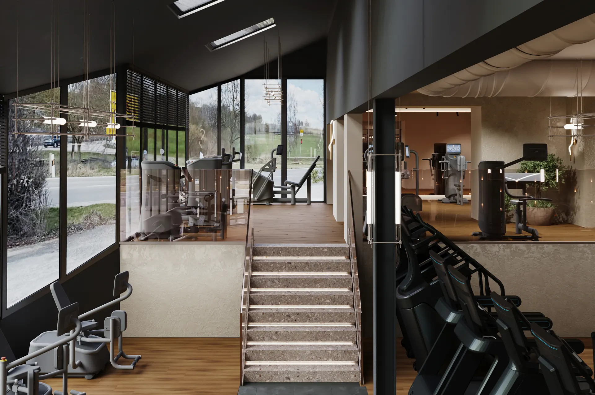 Visualisierung der Trainingsfläche mit Fensterfront und Treppe im neuen LifeForce Studio Rot am See