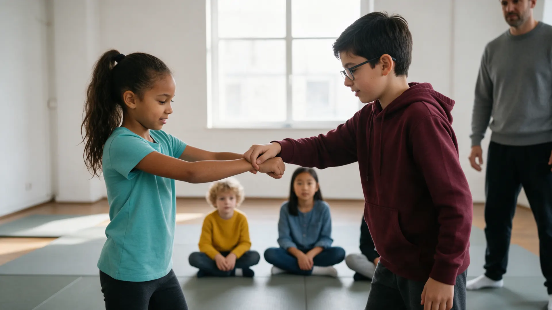 Mädchen löst sich aus dem Griff eines Jungen, andere Kinder schauen von der Matte aus zu, Selbstverteidigung Kinder Crailsheim