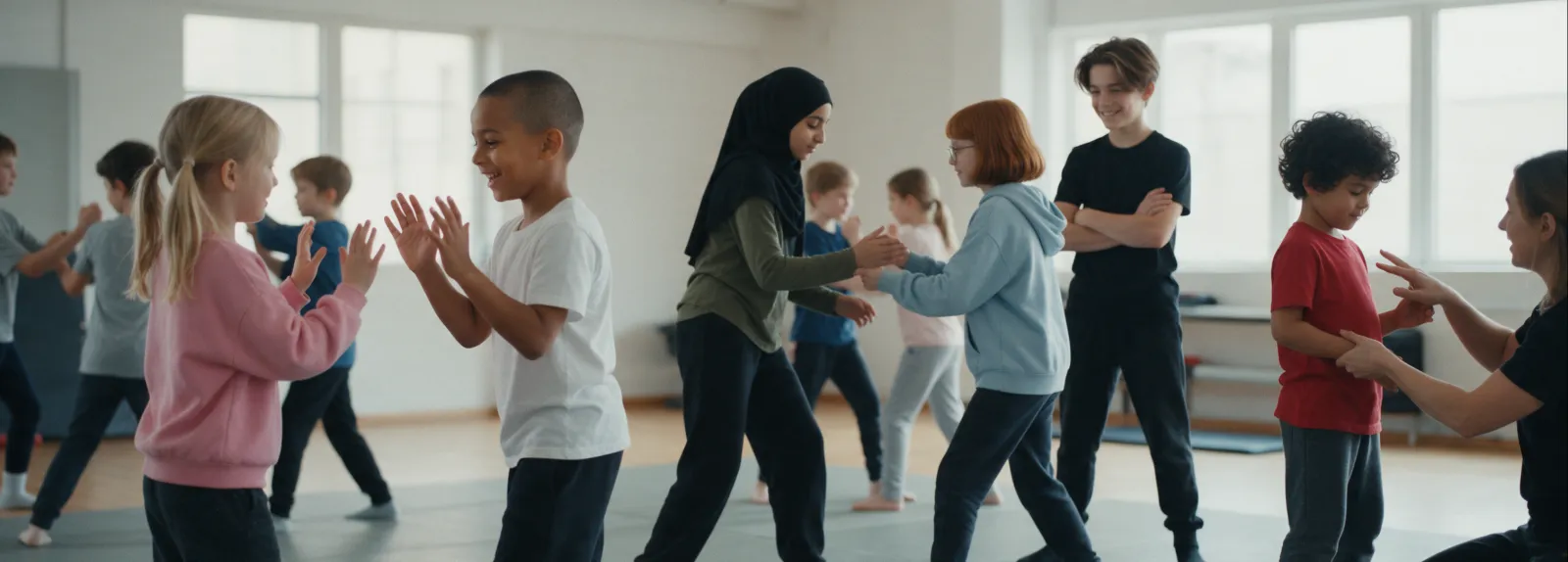 Kinder unterschiedlichen Alters üben paarweise ruhige Abwehrhaltungen in einem hellen Kursraum, Selbstverteidigung Kinder Crailsheim