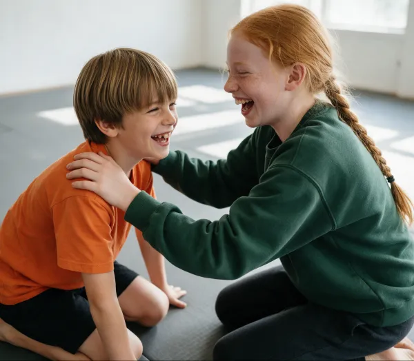 Junge und Mädchen lachen gemeinsam bei einer Partnerübung auf der Matte, Selbstverteidigung Kinder Crailsheim
