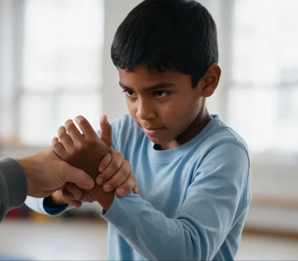 Junge löst konzentriert sein Handgelenk aus einem Griff, Selbstverteidigung Kinder Crailsheim