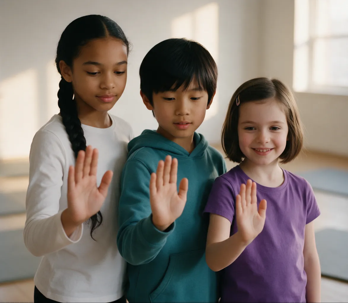Drei Kinder üben gemeinsam eine ruhige Abwehrhaltung mit erhobener Hand, Selbstverteidigung Kinder Crailsheim